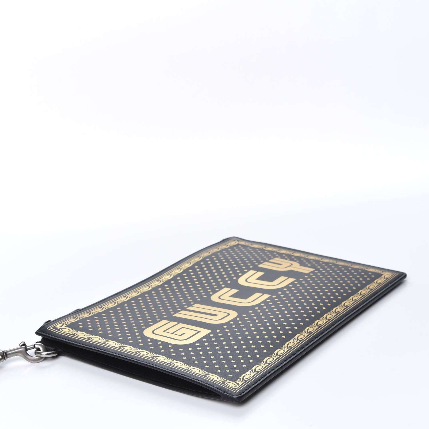 Gucci X SEGA Calfskin GUCCY Stars Zip Wristlet Pouch Black Gold 3 of 8