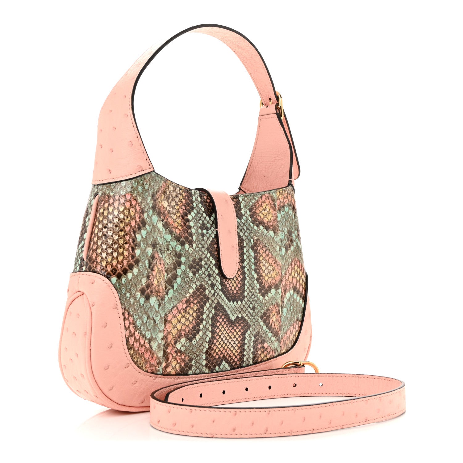 Gucci Snakeskin Ostrich Calfskin Small Jackie 1961 Hobo Pink Multicolor 3 of 12