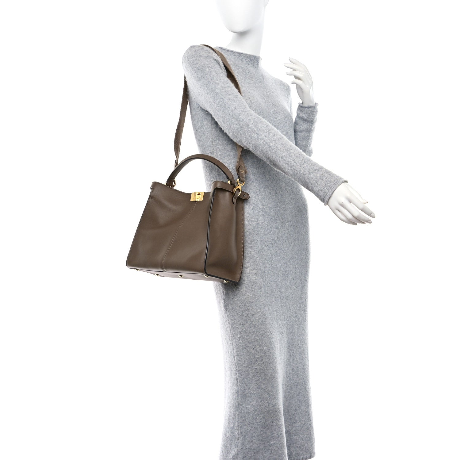 Fendi Vitello Seta Glazed Fabric FF 1974 Medium Peekaboo X-Lite Maya Mogano Panna 2 of 8