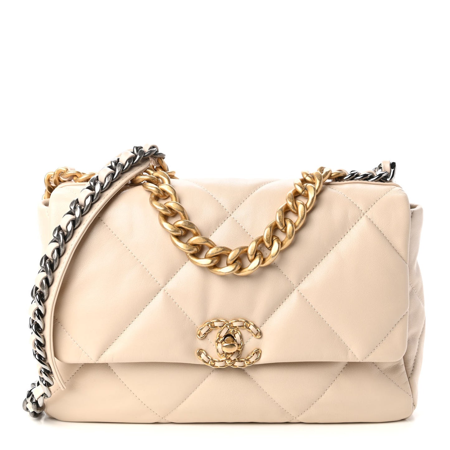 Goatskin Quilted Large Chanel 19 Flap Beige