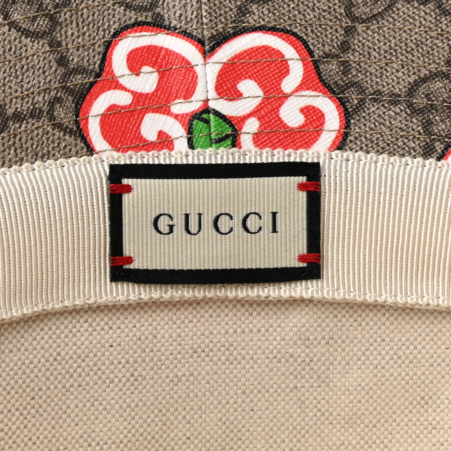Gucci GG Supreme Monogram Apple Textured Dollar Calfskin Retro Interlocking G Fedora Pomme Bucket Hat M Beige Ebony Red 8 of 9