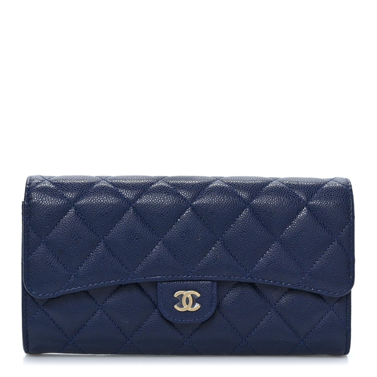 Caviar Quilted Large Gusset Flap Wallet Navy