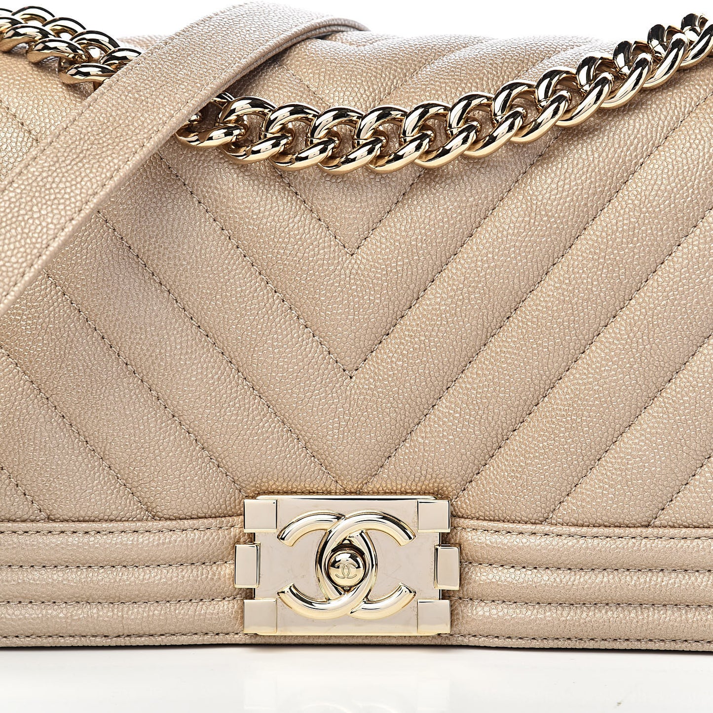 Metallic Caviar Chevron Quilted Medium Boy Flap Light Beige