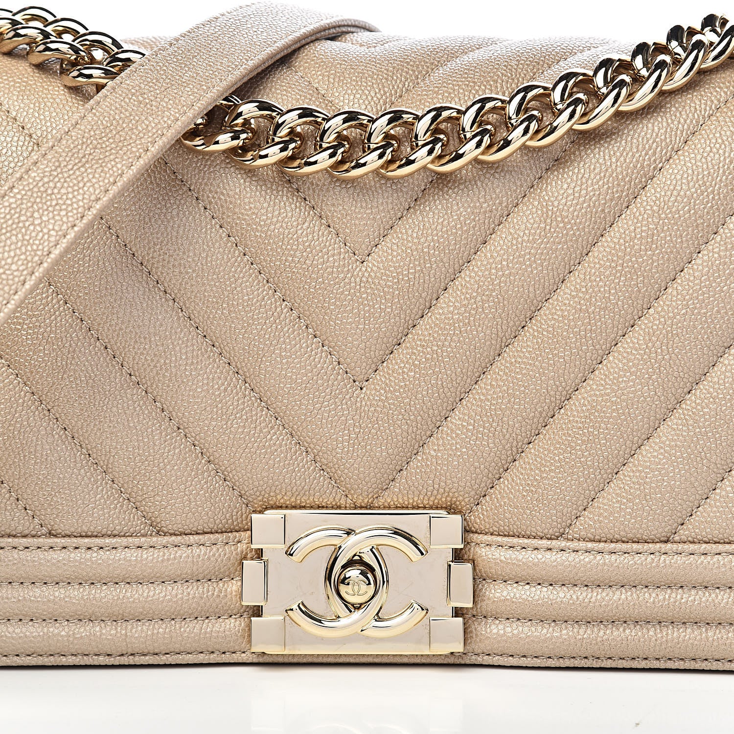 Chanel Metallic Caviar Chevron Quilted Medium Boy Flap Light Beige 10 of 11