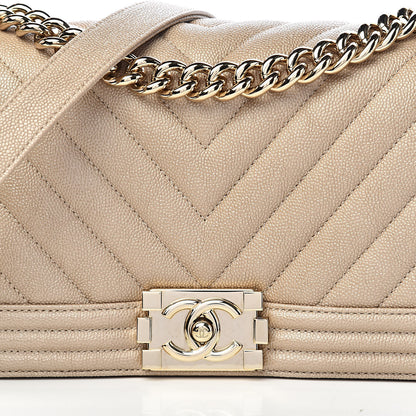 Chanel Metallic Caviar Chevron Quilted Medium Boy Flap Light Beige 10 of 11