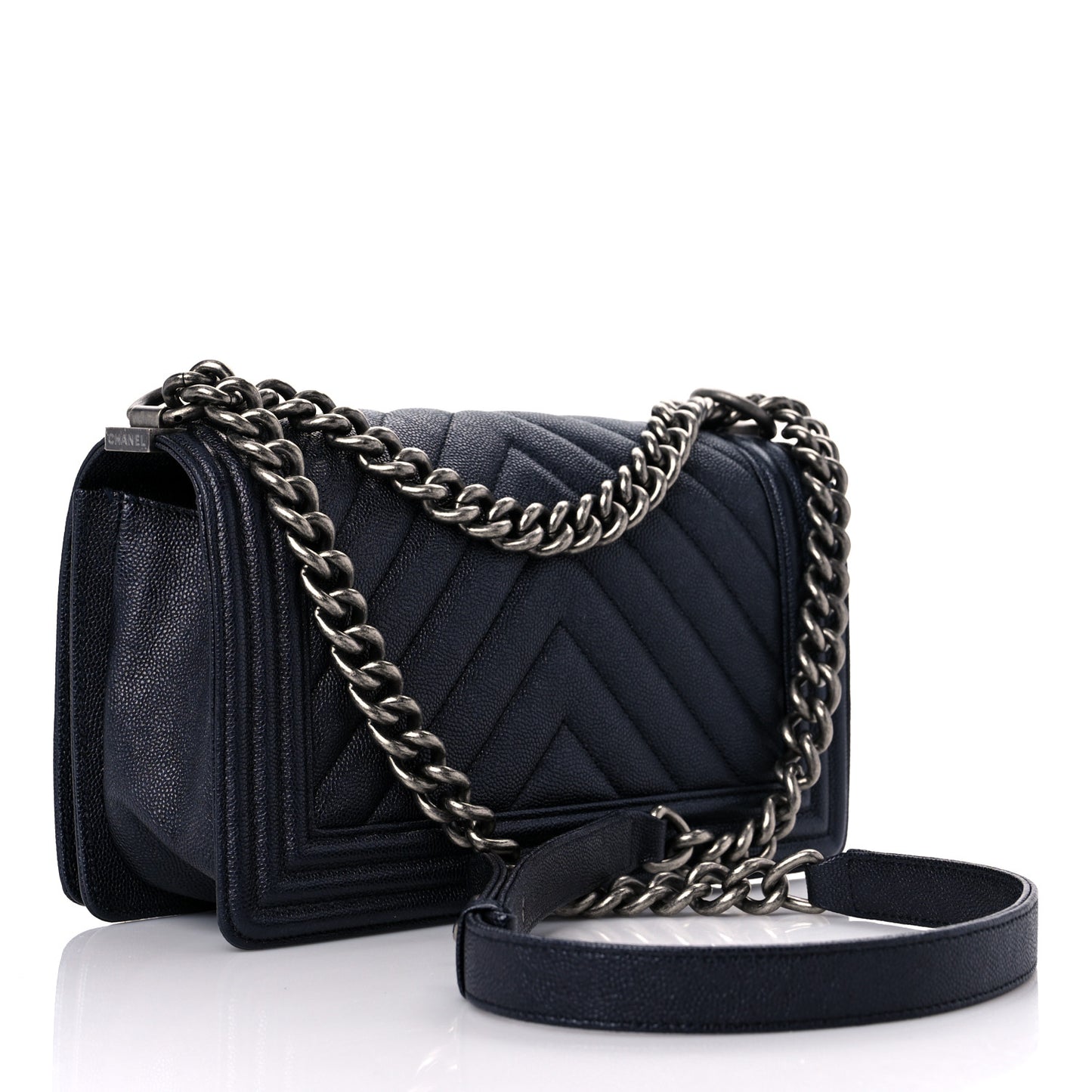 Caviar Chevron Quilted Medium Boy Flap Navy
