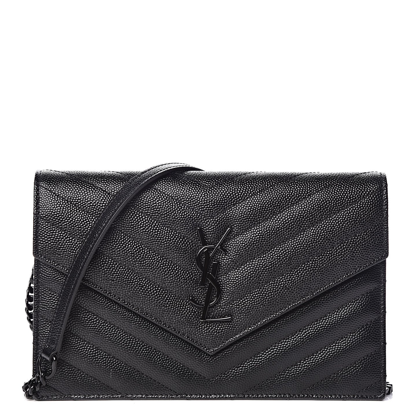 Grain De Poudre Matelasse Chevron Monogram Envelope Chain Wallet Black