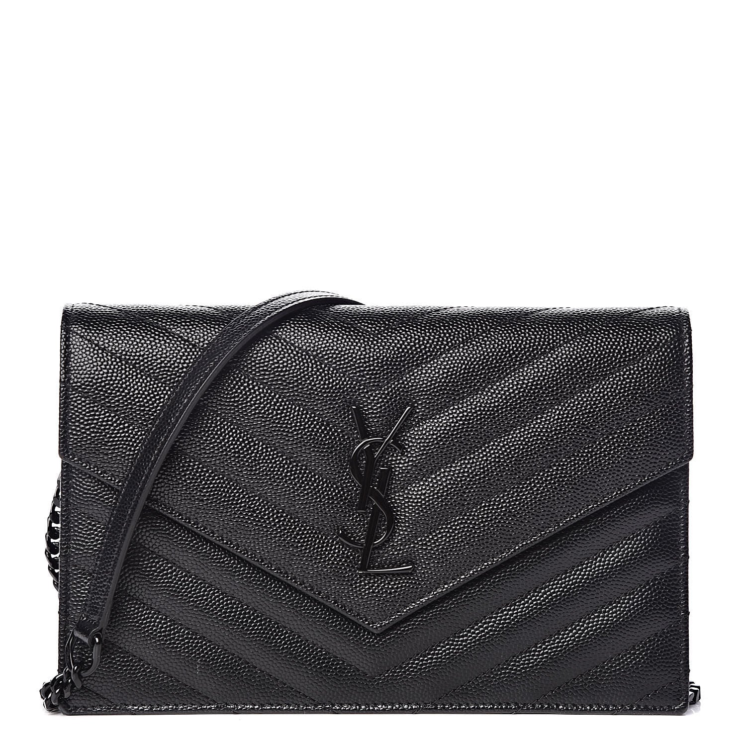 Saint Laurent Grain De Poudre Matelasse Chevron Monogram Envelope Chain Wallet Black 1 of 9