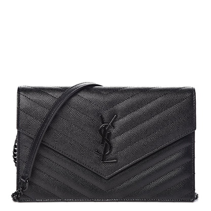 Saint Laurent Grain De Poudre Matelasse Chevron Monogram Envelope Chain Wallet Black 1 of 9