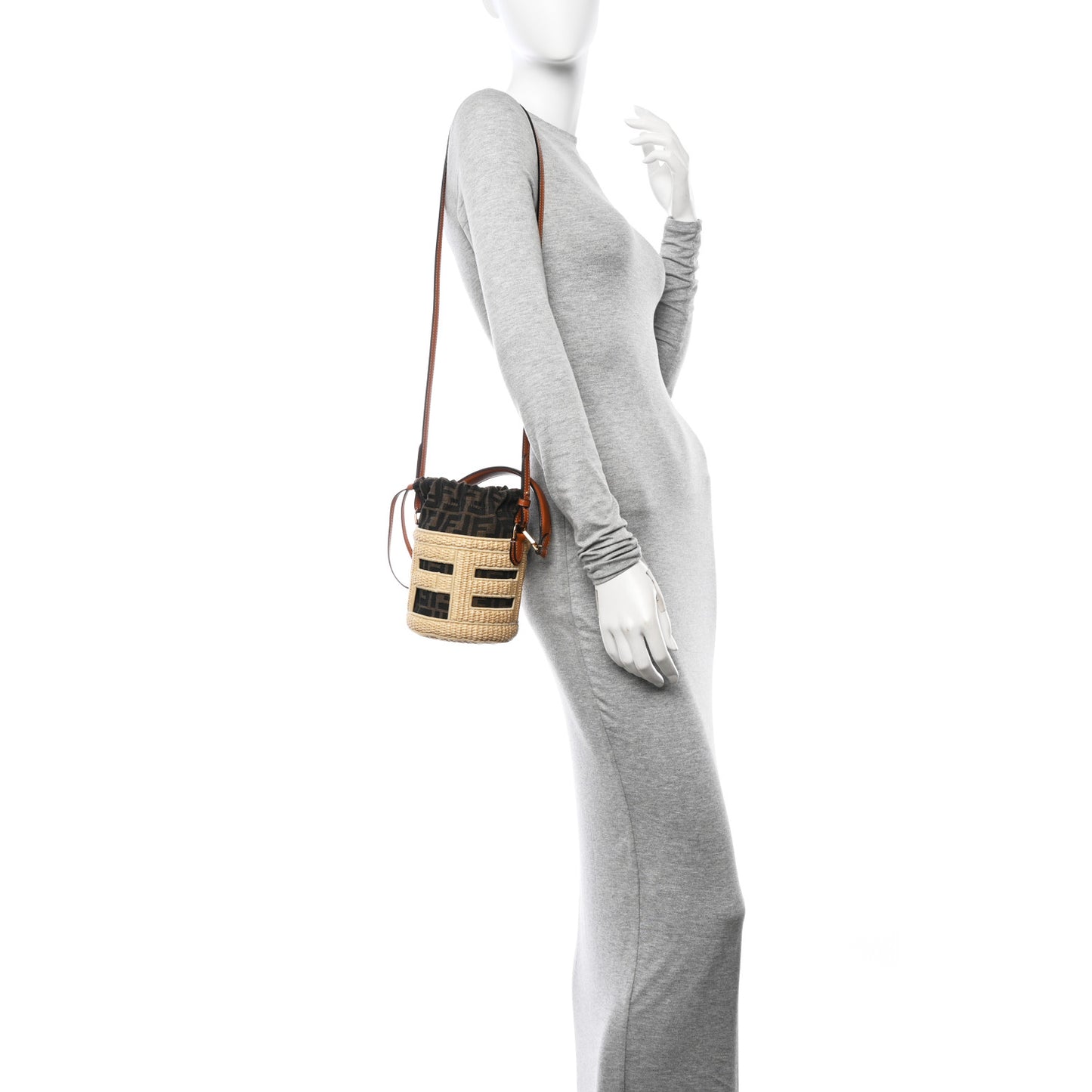 Paglia Chicco Riso Fabric Jacquard FF 1974 Vitello Grace Mini Step Out Bucket Bag Alchemy Tabacco Brandy