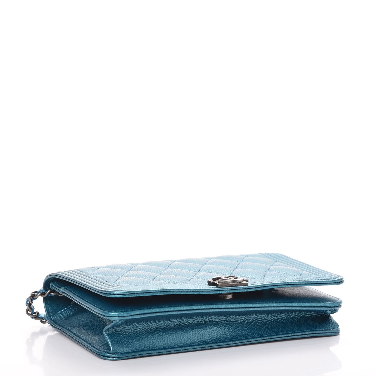 Metallic Caviar Quilted Boy Wallet On Chain WOC Turquoise