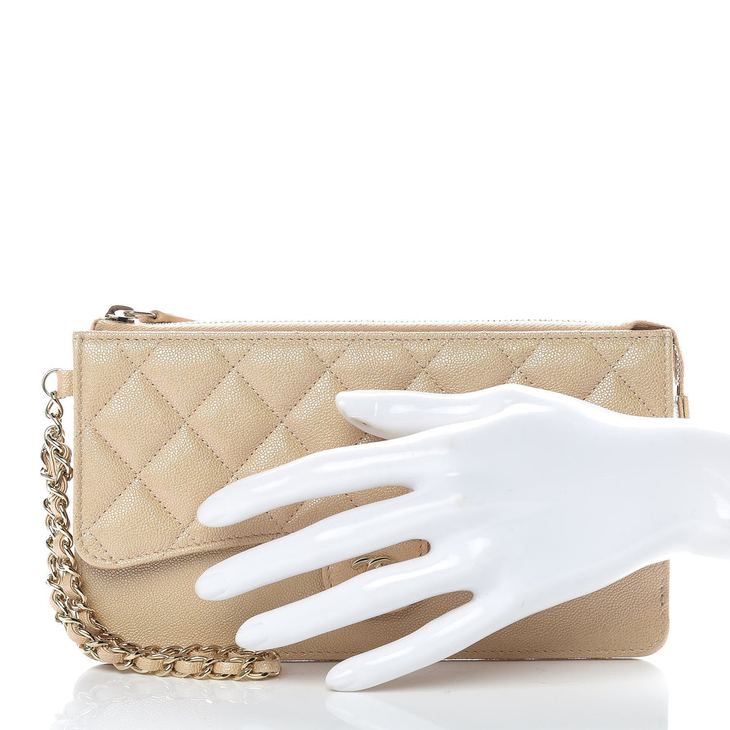 Iridescent Caviar Quilted Classic Pouch With Handle Beige