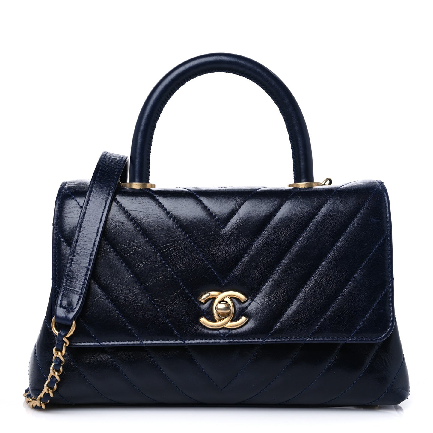 Aged Calfskin Chevron Quilted Small Coco Handle Flap Navy