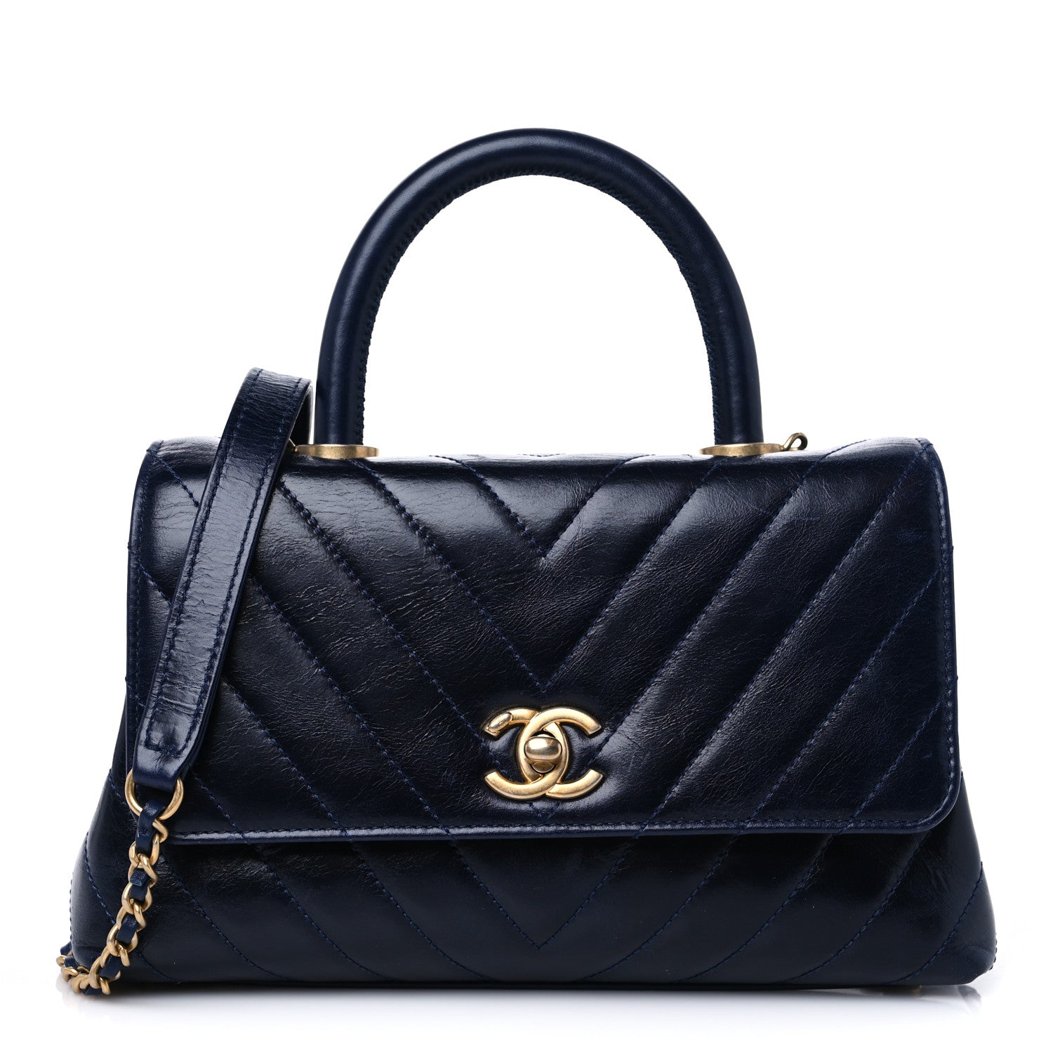 Chanel Aged Calfskin Chevron Quilted Small Coco Handle Flap Navy 1 of 9