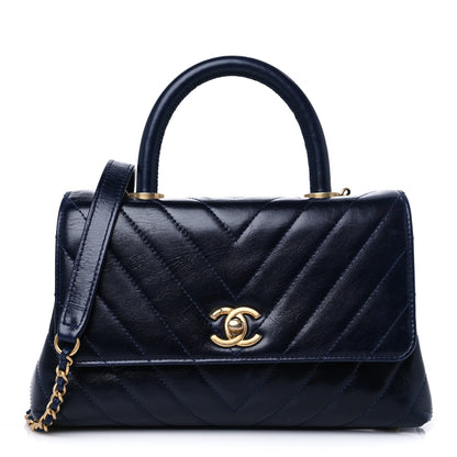 Chanel Aged Calfskin Chevron Quilted Small Coco Handle Flap Navy 1 of 9