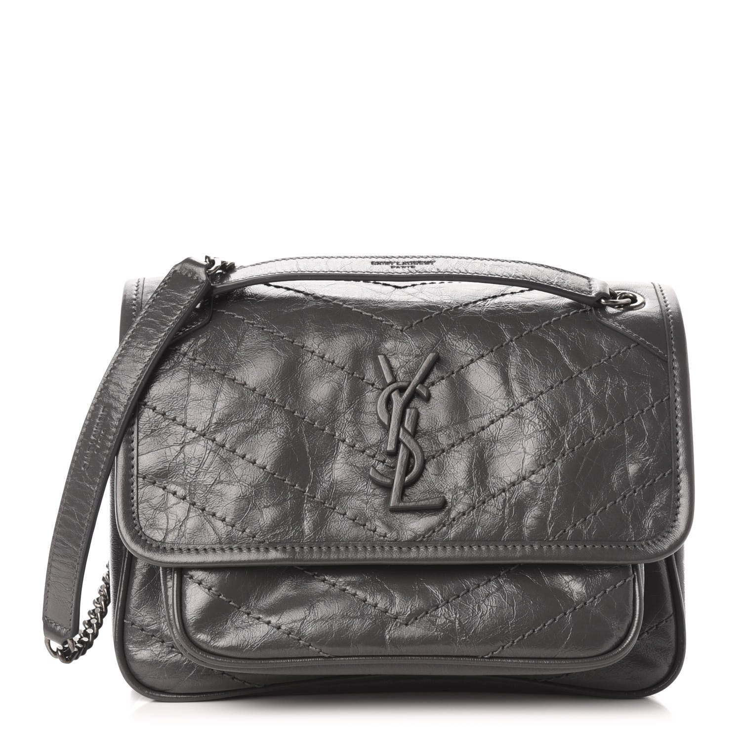 Saint Laurent Crinkled Calfskin Matelasse Monogram Baby Niki Chain Satchel Storm 1 of 12