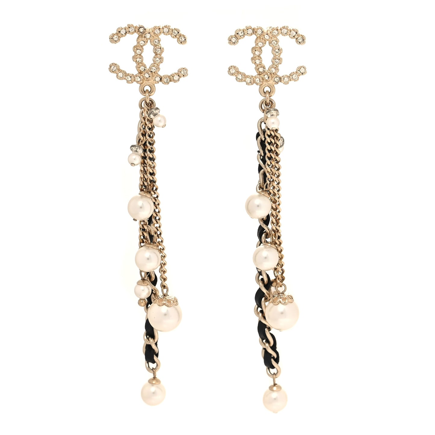 Pearl Crystal Lambskin Chain CC Dangle Earrings Gold