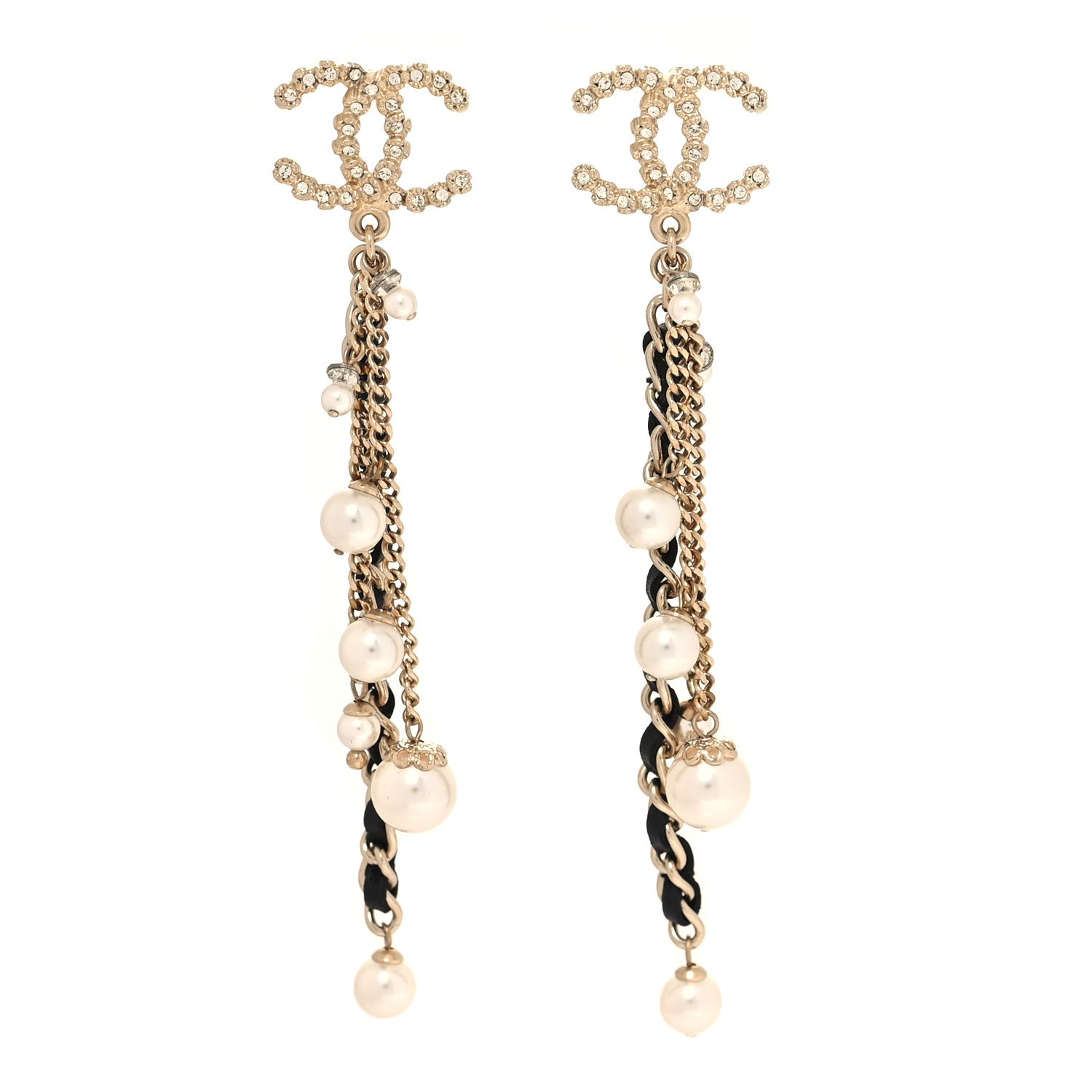 Chanel Pearl Crystal Lambskin Chain CC Dangle Earrings Gold 1 of 5