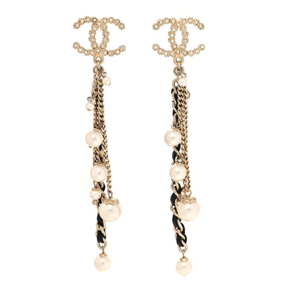 Chanel Pearl Crystal Lambskin Chain CC Dangle Earrings Gold 1 of 5