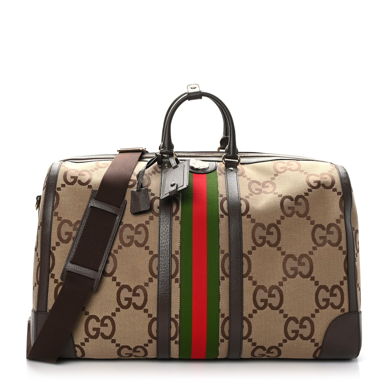 Gucci Monogram Jumbo GG Textured Dollar Calfskin Web Maxi Duffle Bag Camel Ebony 1 of 11