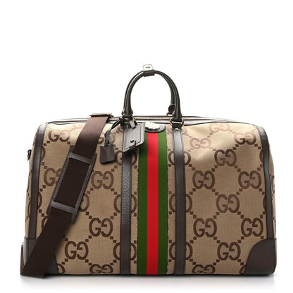 Gucci Monogram Jumbo GG Textured Dollar Calfskin Web Maxi Duffle Bag Camel Ebony 1 of 11