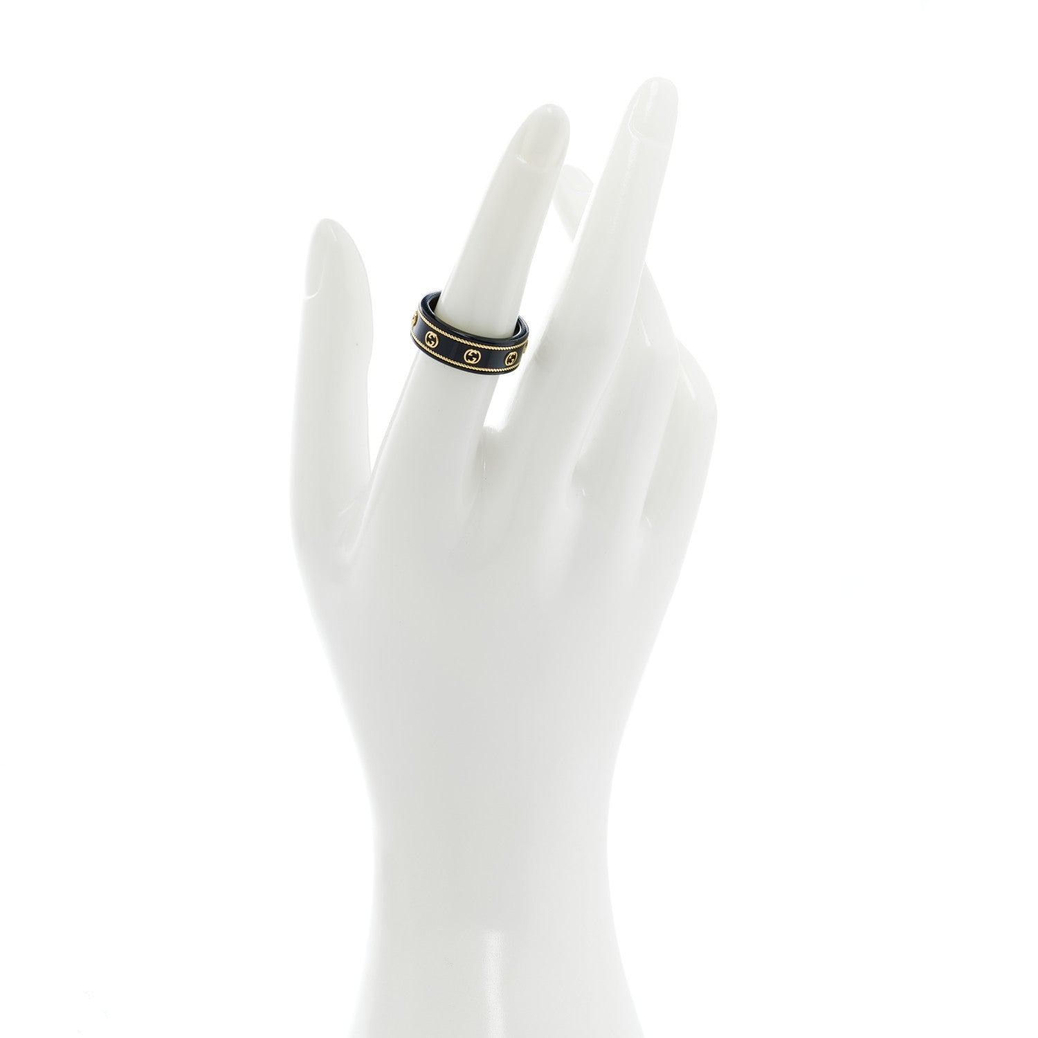 Gucci Black Synthetic Corundum 18K Yellow Gold Interlocking G Band Ring 54 6.75 2 of 8