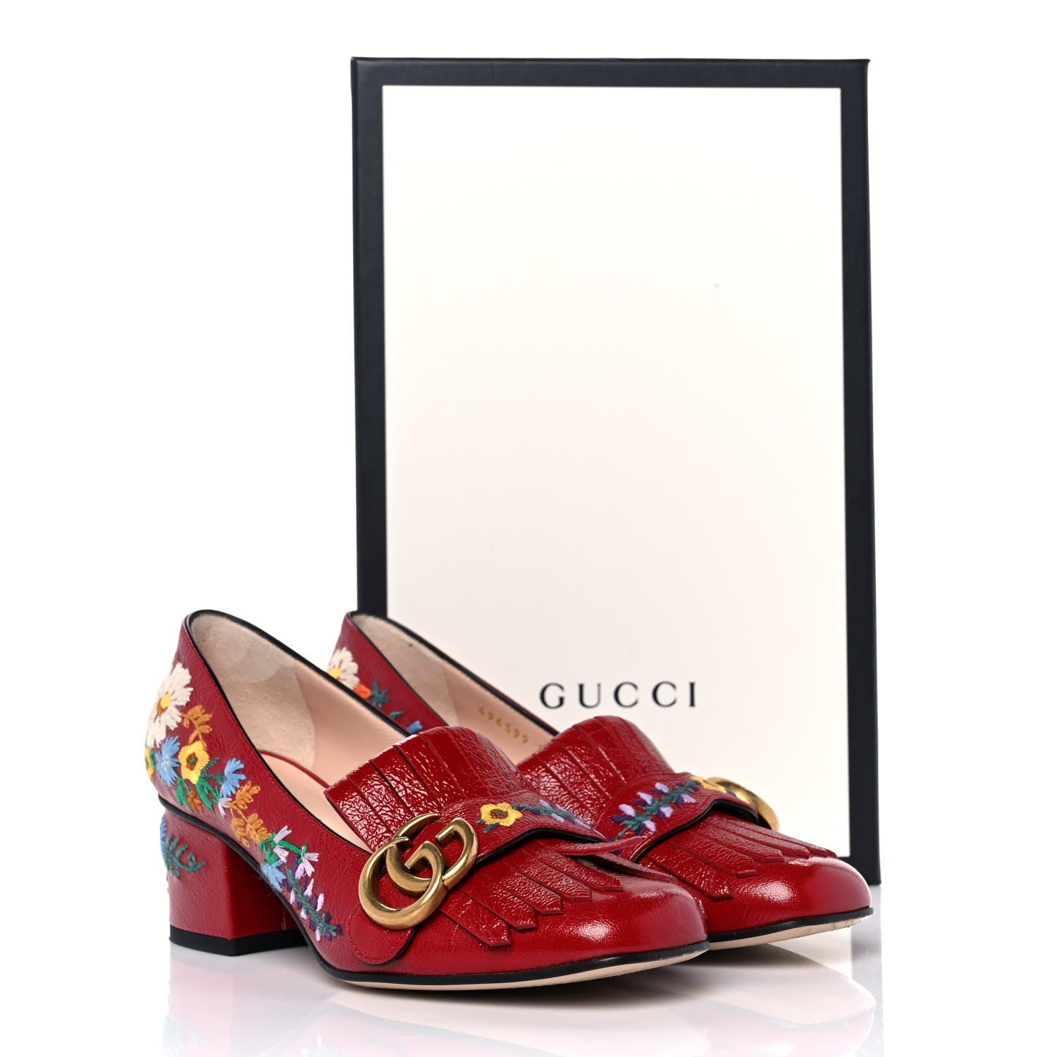 Gucci Skipper Calfskin Floral Embroidered GG Marmont Fringe 50mm Loafer Pumps 35.5 Hibiscus Red 10 of 10