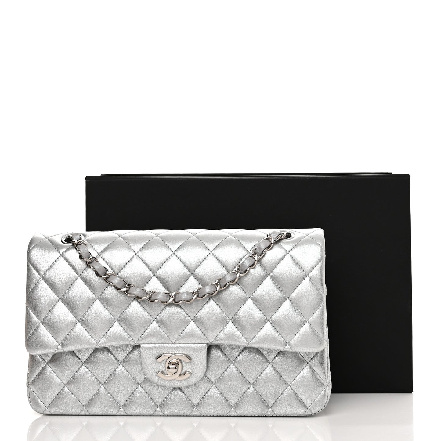 Metallic Lambskin Quilted Medium Double Flap Silver