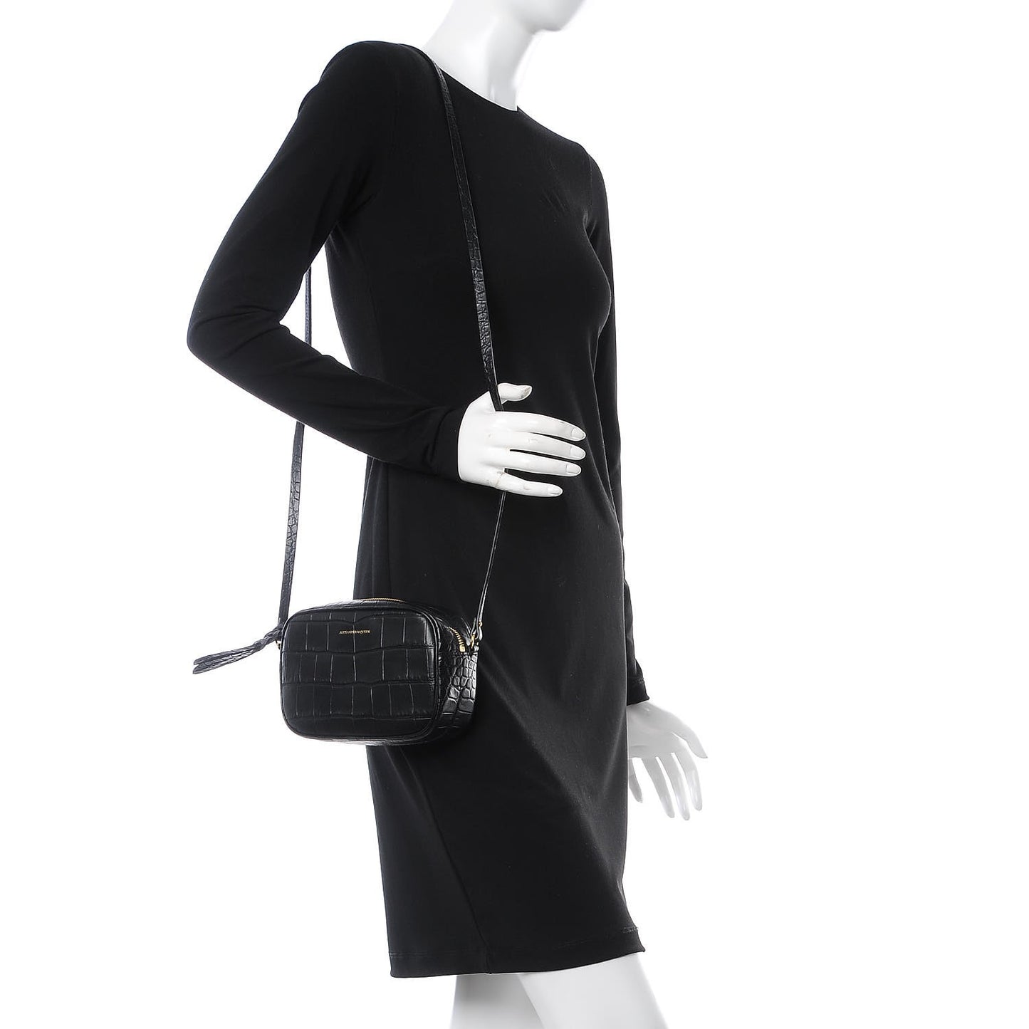 Calfskin Crocodile Embossed Camera Shoulder Bag Black