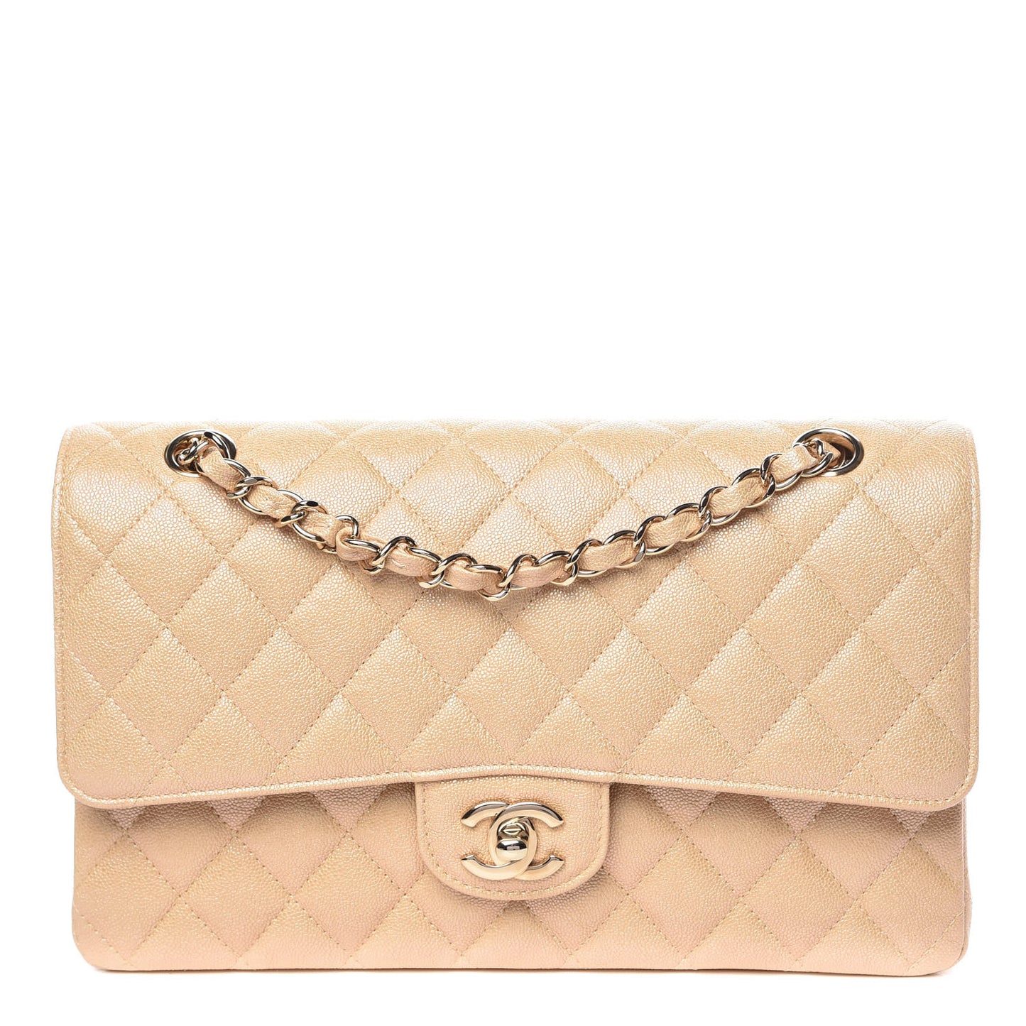 Iridescent Caviar Quilted Medium Double Flap Beige