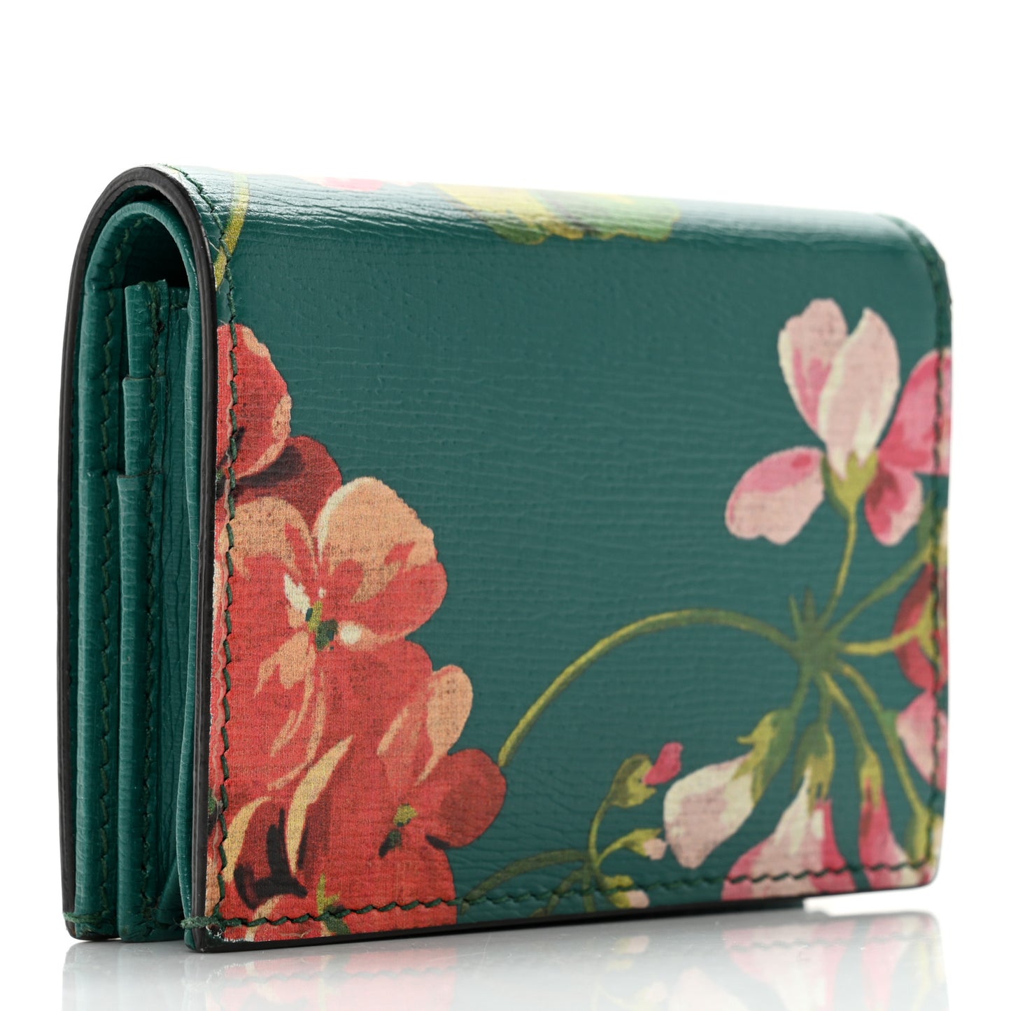 Shangai Calfskin Blooms Print Card Case Wallet Clear Bright Emerald Multicolor