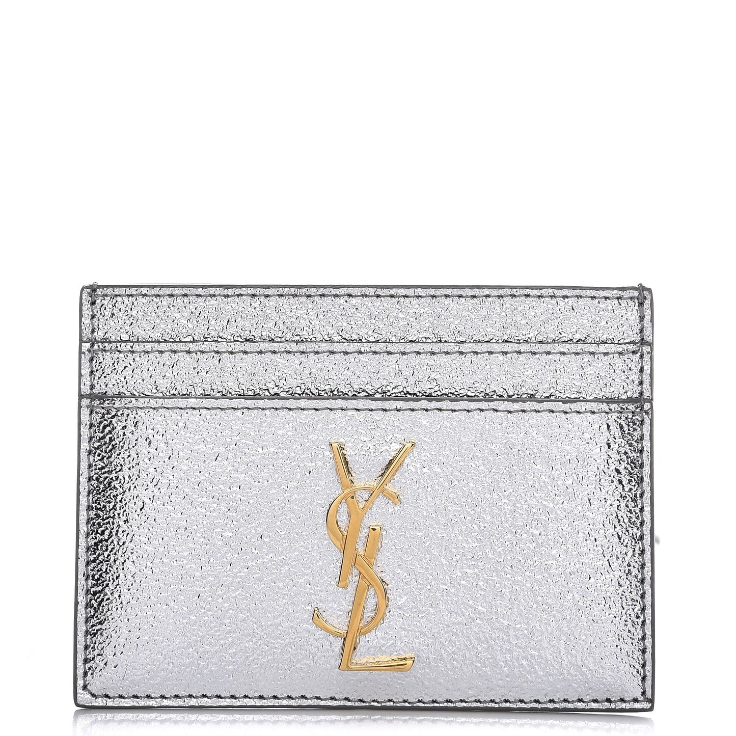 Metallic Calfskin Monogram Credit Card Case Argento