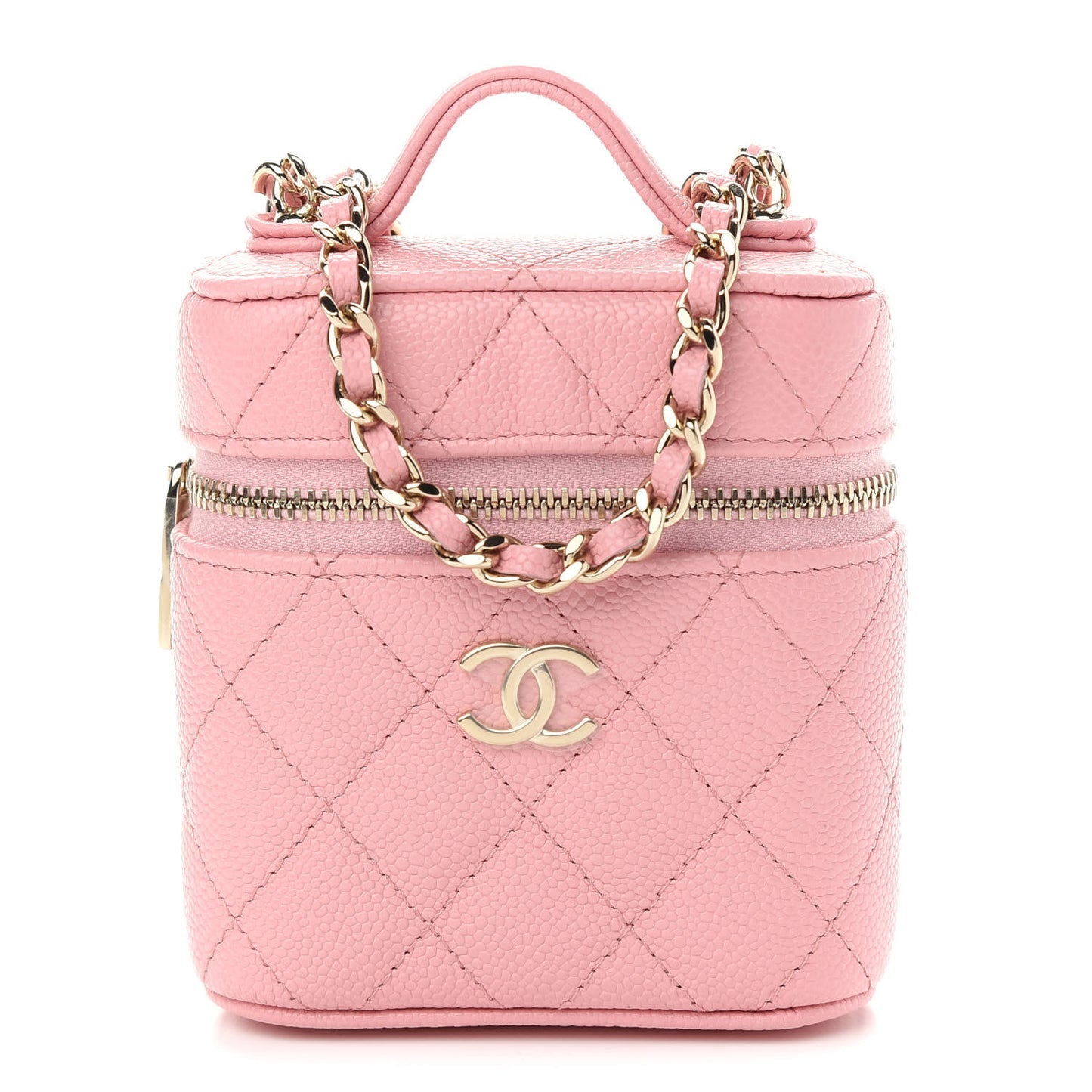 Caviar Quilted Small Handle With Care Vanity Case With Chain Pink