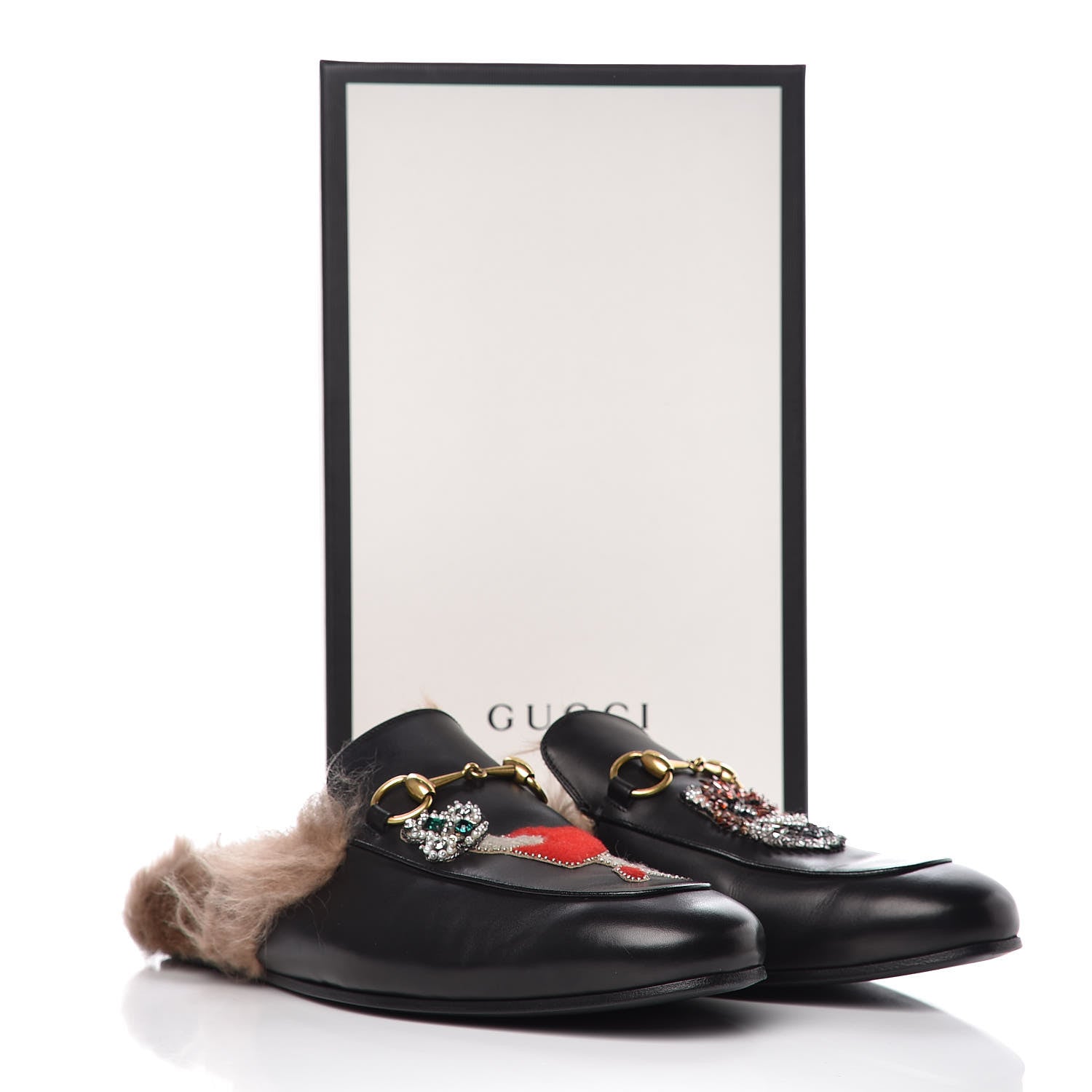 Gucci Calfskin Fur Crystal Tiger Embroidered Mens Princetown Slippers 11 Black 10 of 11