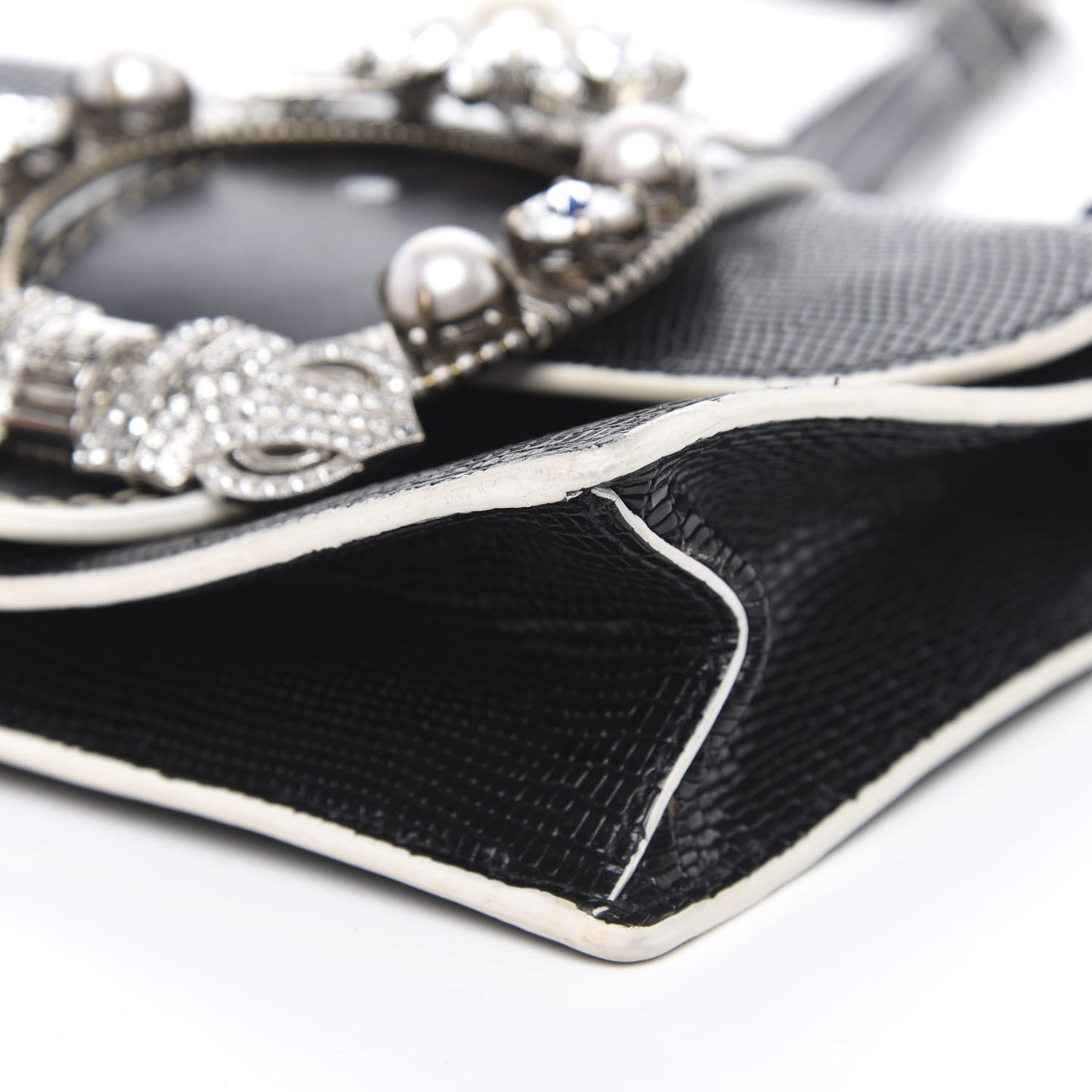 Embossed Lizard Calfskin Crystal Embellished Saint Lucertola Shoulder Bag Black