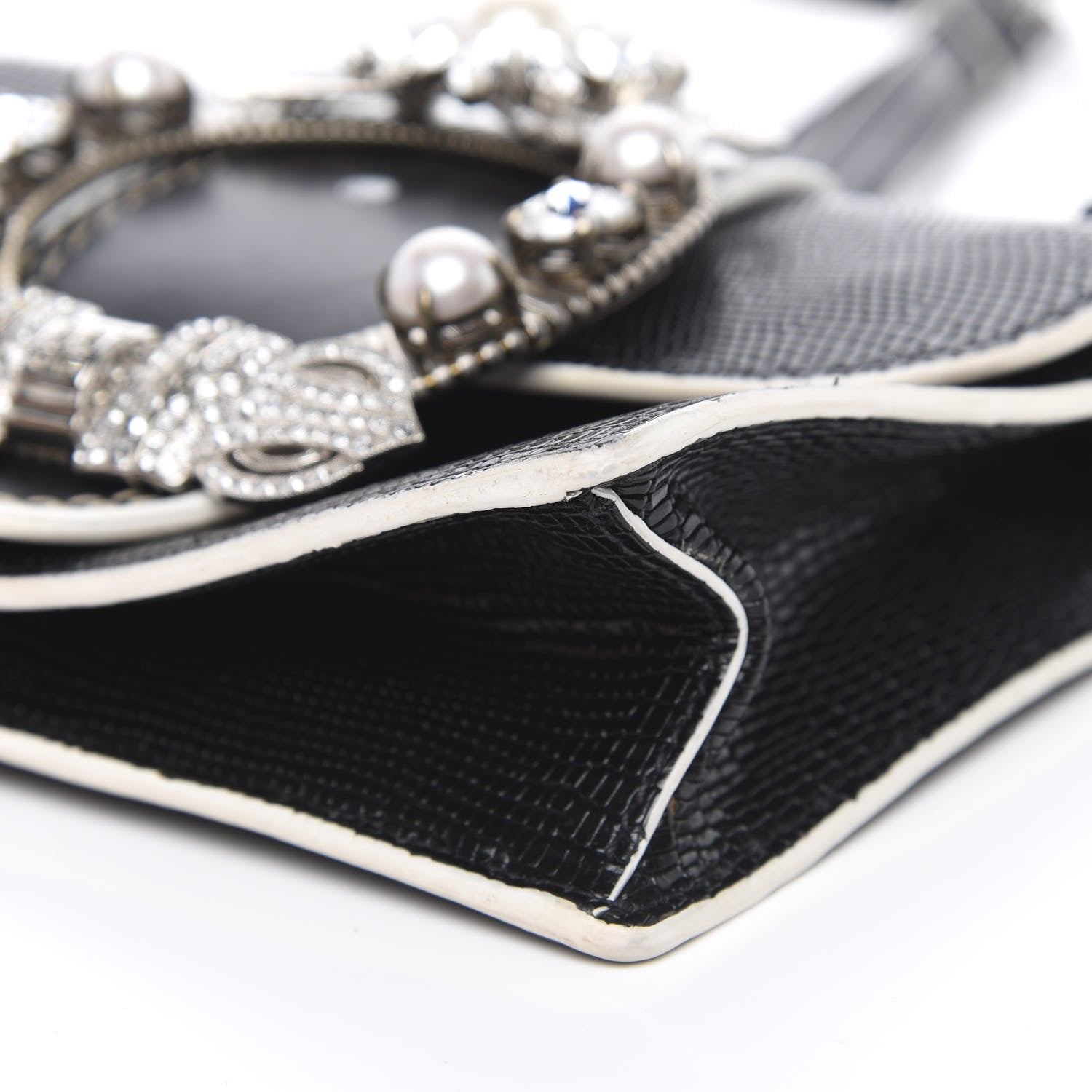 Miu Miu Embossed Lizard Calfskin Crystal Embellished Saint Lucertola Shoulder Bag Black 10 of 14