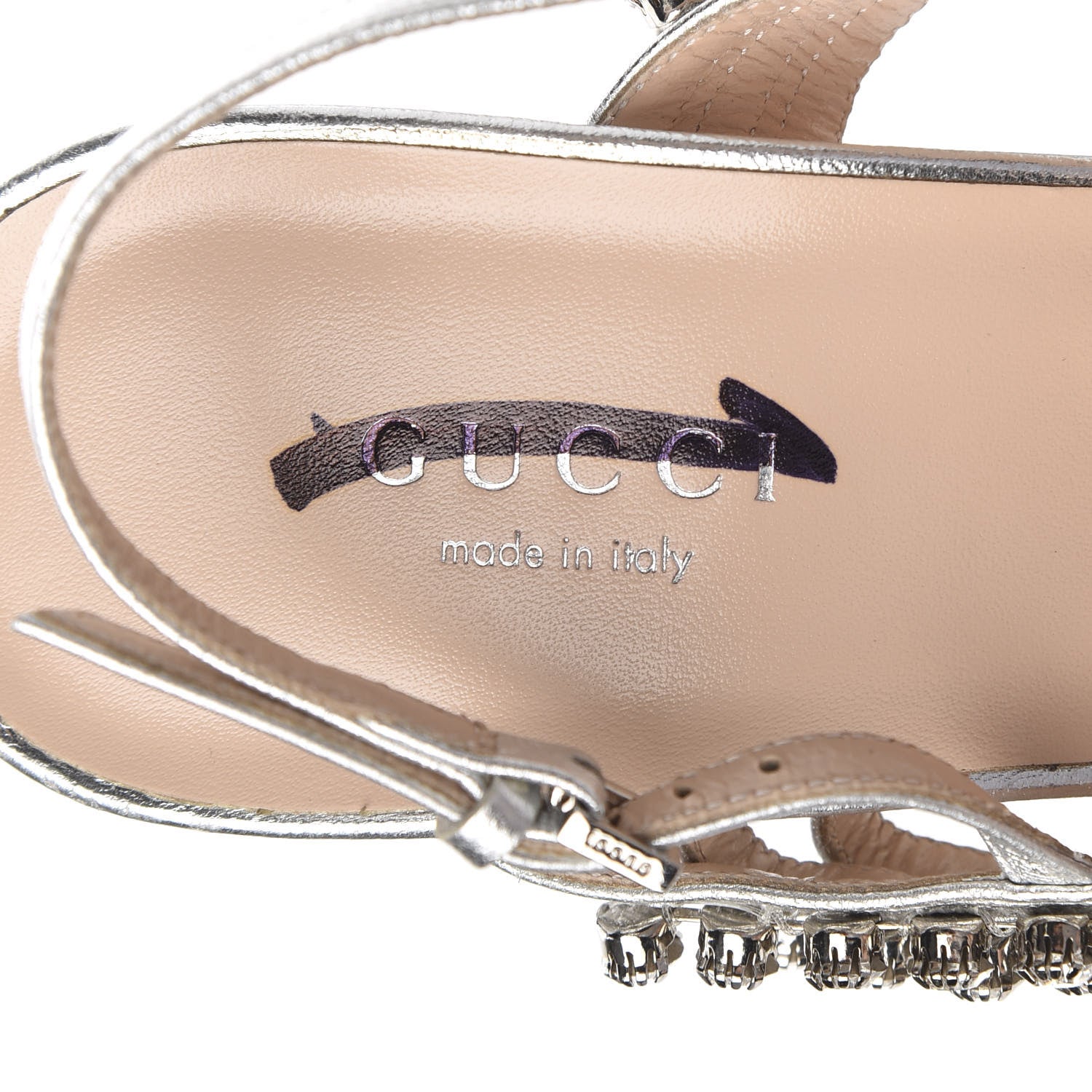 Gucci Nappa Silk Crystal Bertie High Heel Sandals 38.5 Argento 7 of 12