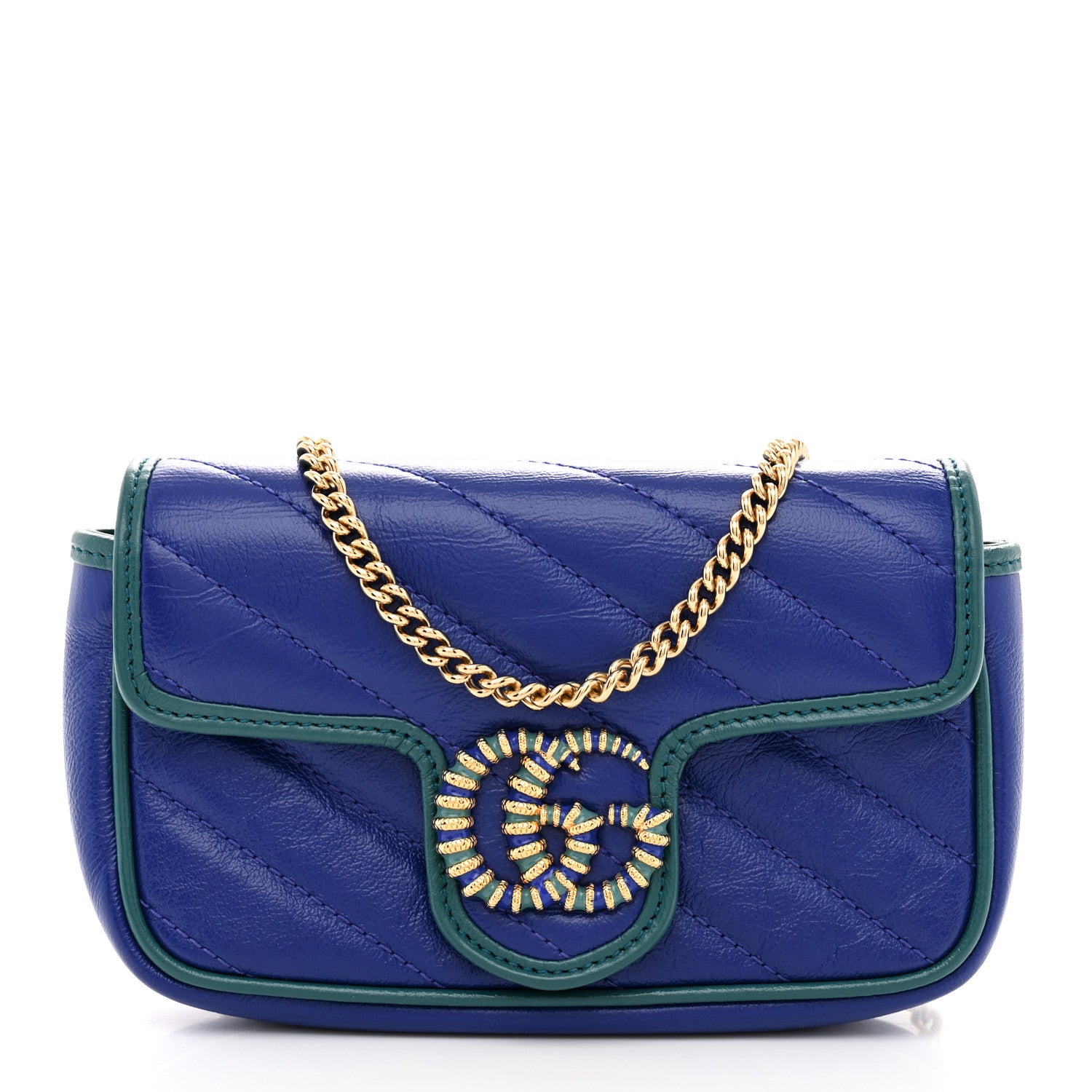Gucci Azalea Calfskin Enamel Matelasse Diagonal Super Mini Torchon GG Marmont Shoulder Bag Imperial Blue Pavone 1 of 11