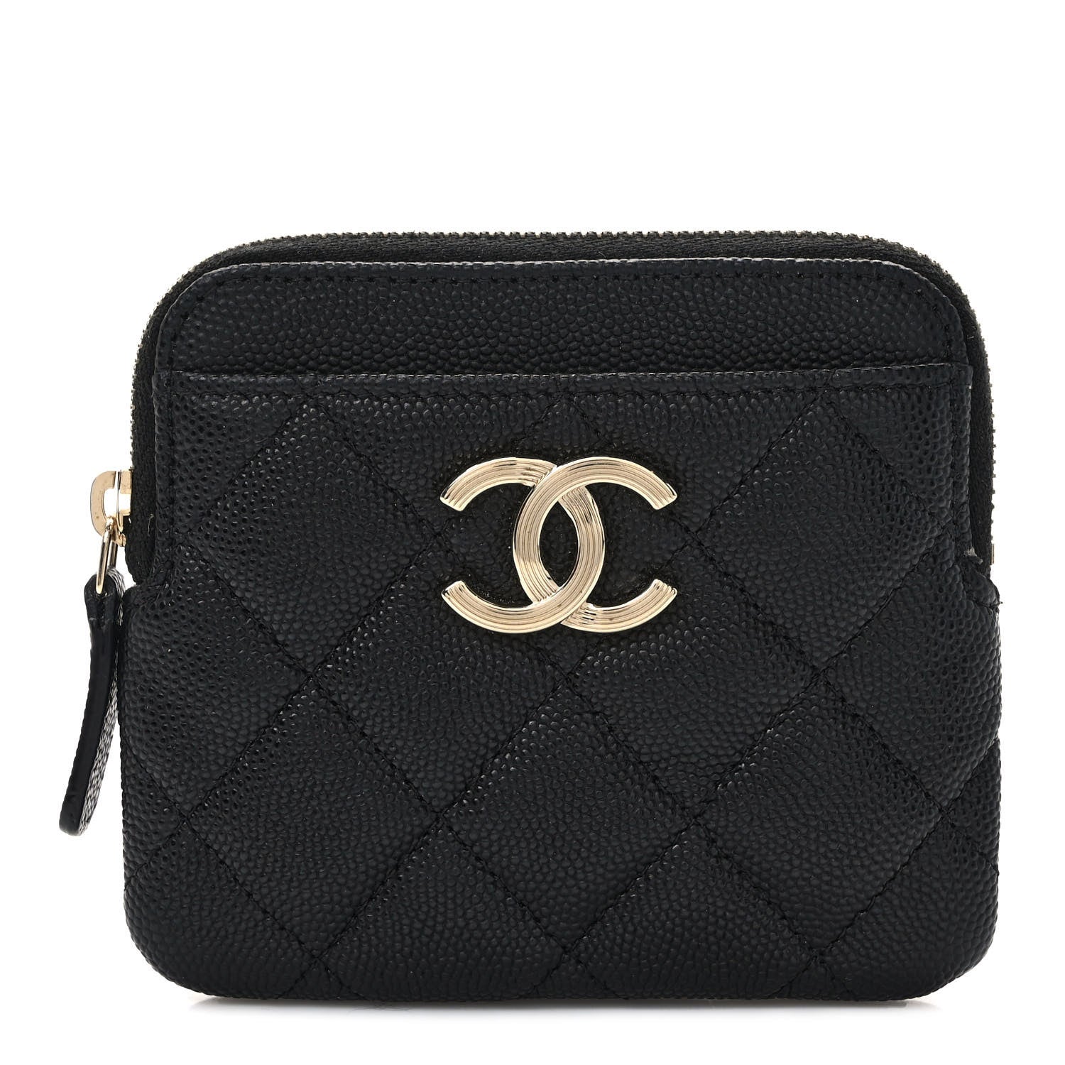 Chanel Caviar Metal Quilted Striated Zip Card Holder Wallet Black 1 of 7