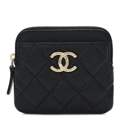 Chanel Caviar Metal Quilted Striated Zip Card Holder Wallet Black 1 of 7