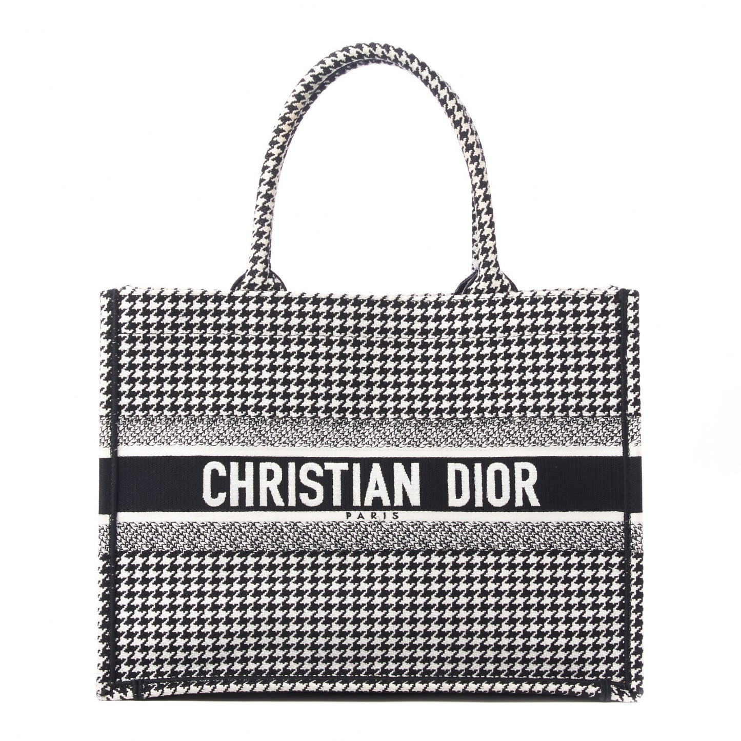 Canvas Houndstooth Embroidered Medium Book Tote Black White