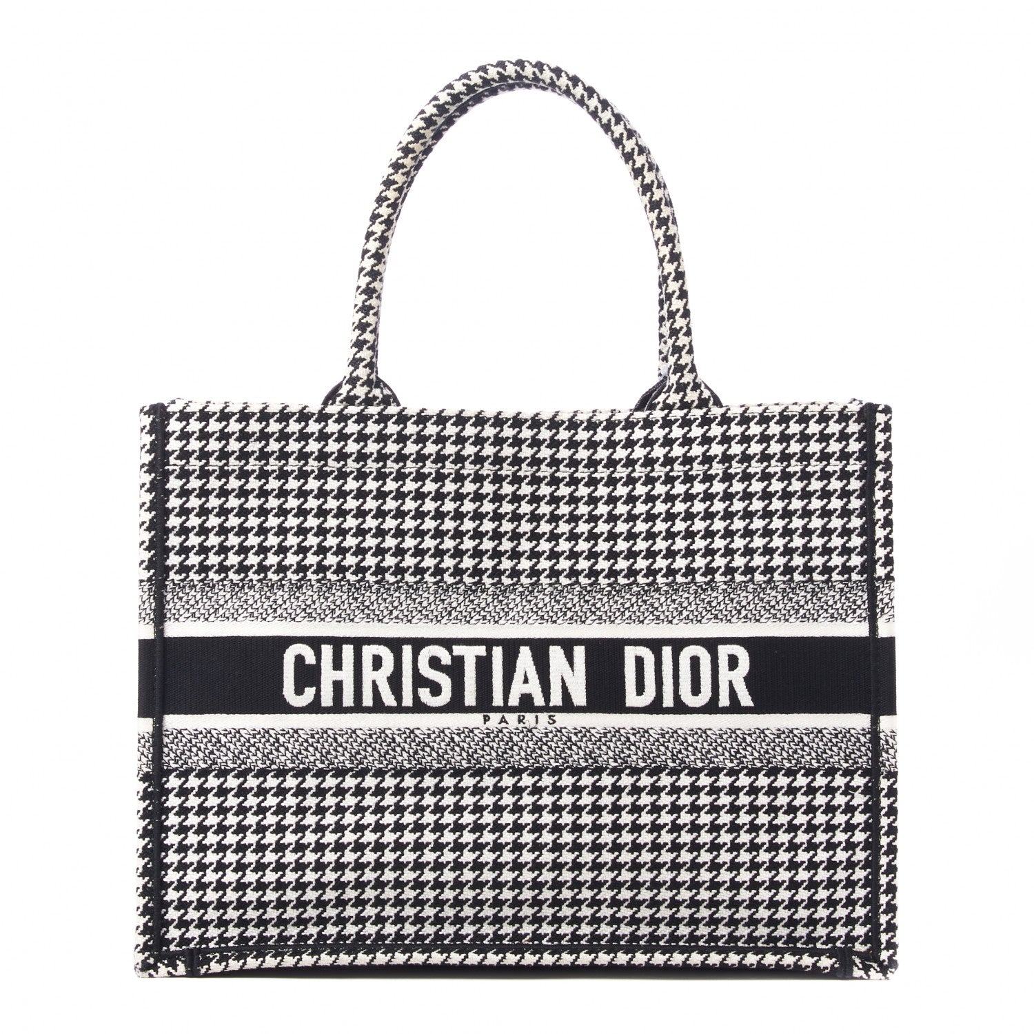Christian Dior Canvas Houndstooth Embroidered Medium Book Tote Black White 1 of 9