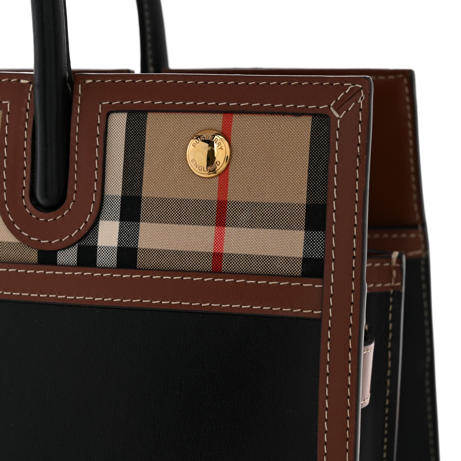 Burberry Calfskin Vintage Check Medium Two Handle Title Bag Black