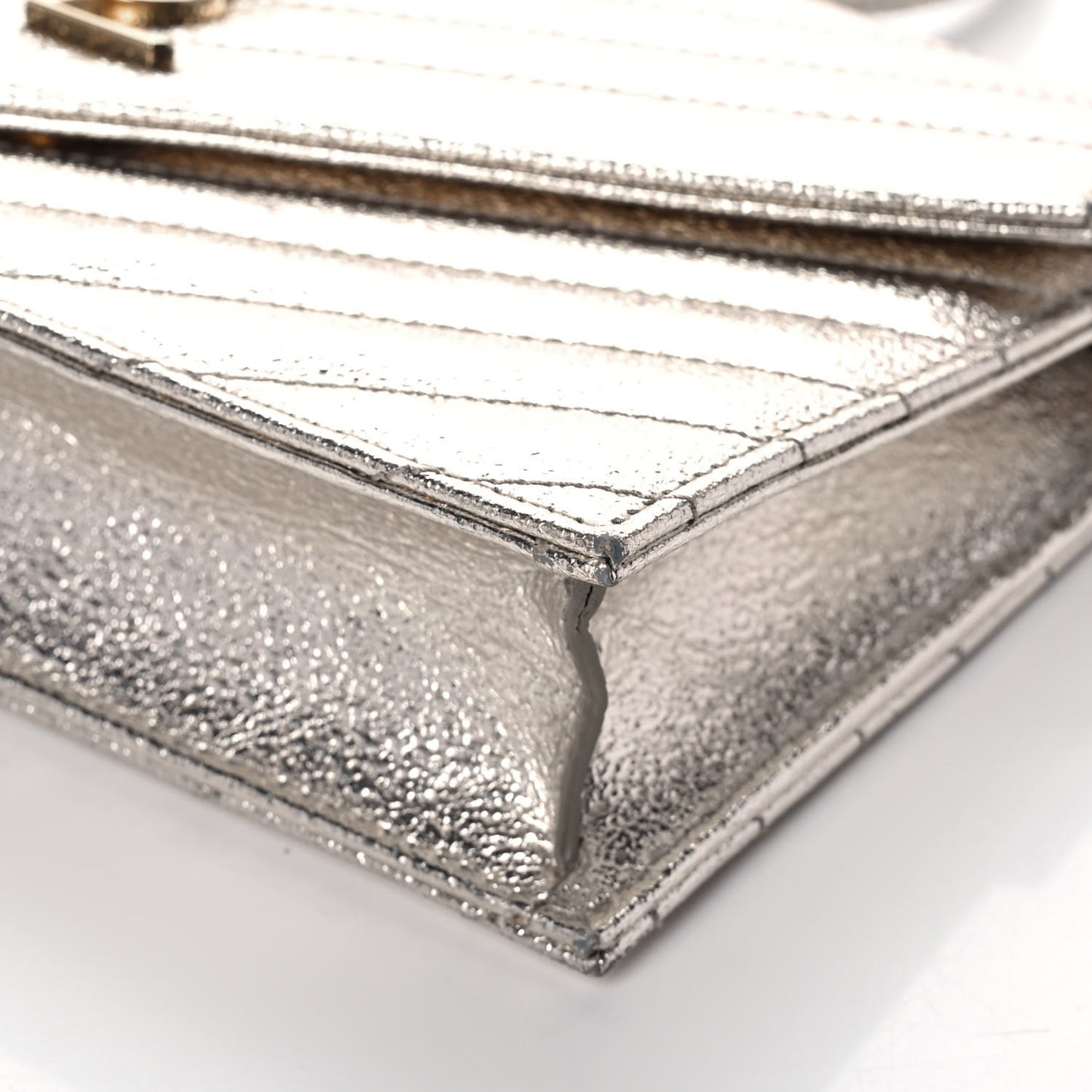 Metallic Crackled Calfskin Matelasse Chevron Monogram Envelope Chain Wallet Gold
