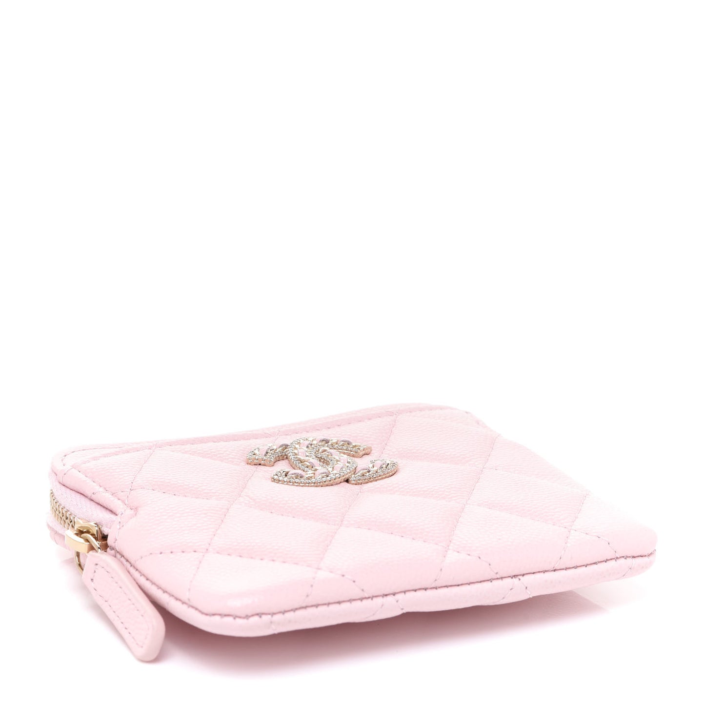 Caviar Quilted Crystal Zip Card Holder Wallet Light Pink