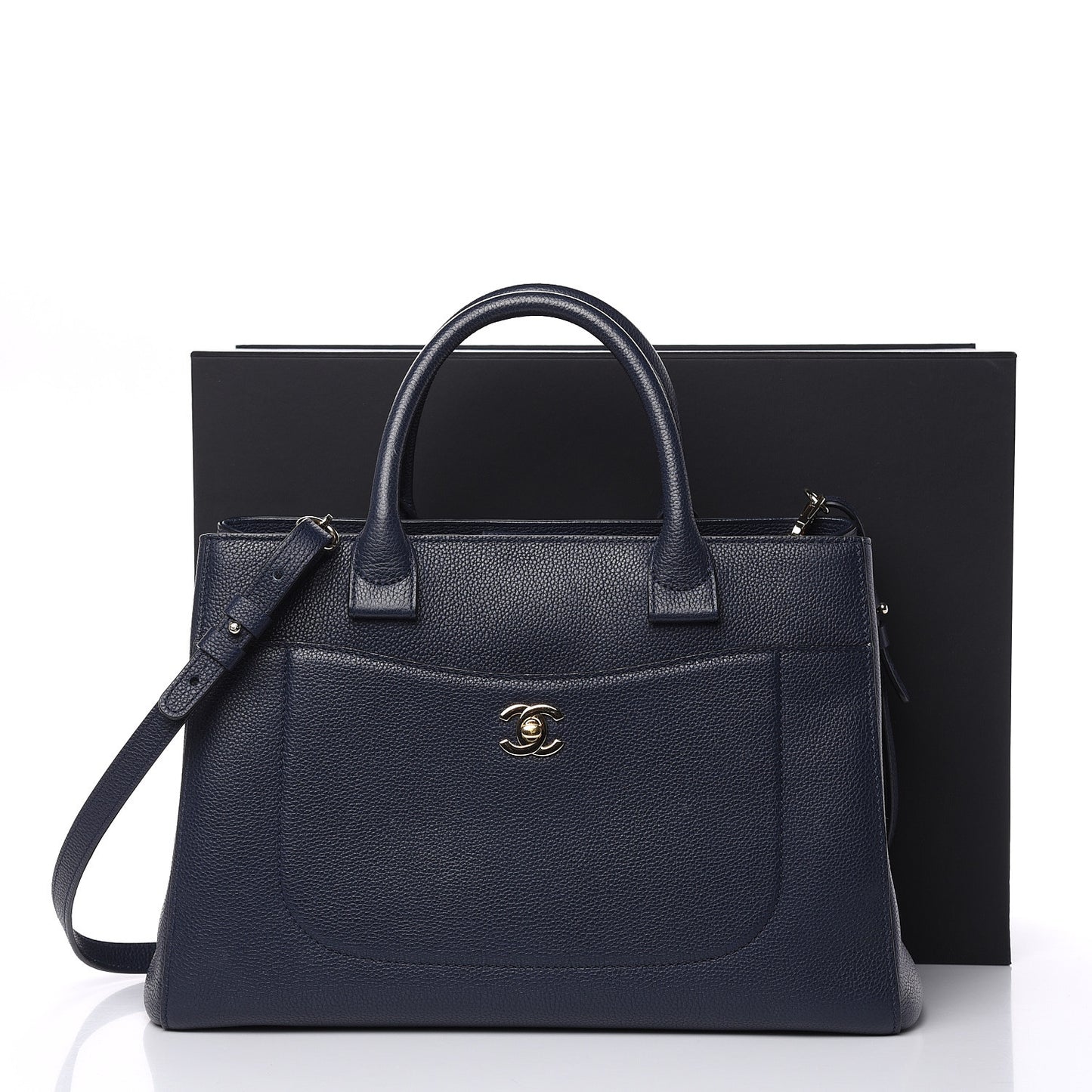 Grained Calfskin Small Neo Executive Shopper Tote Navy