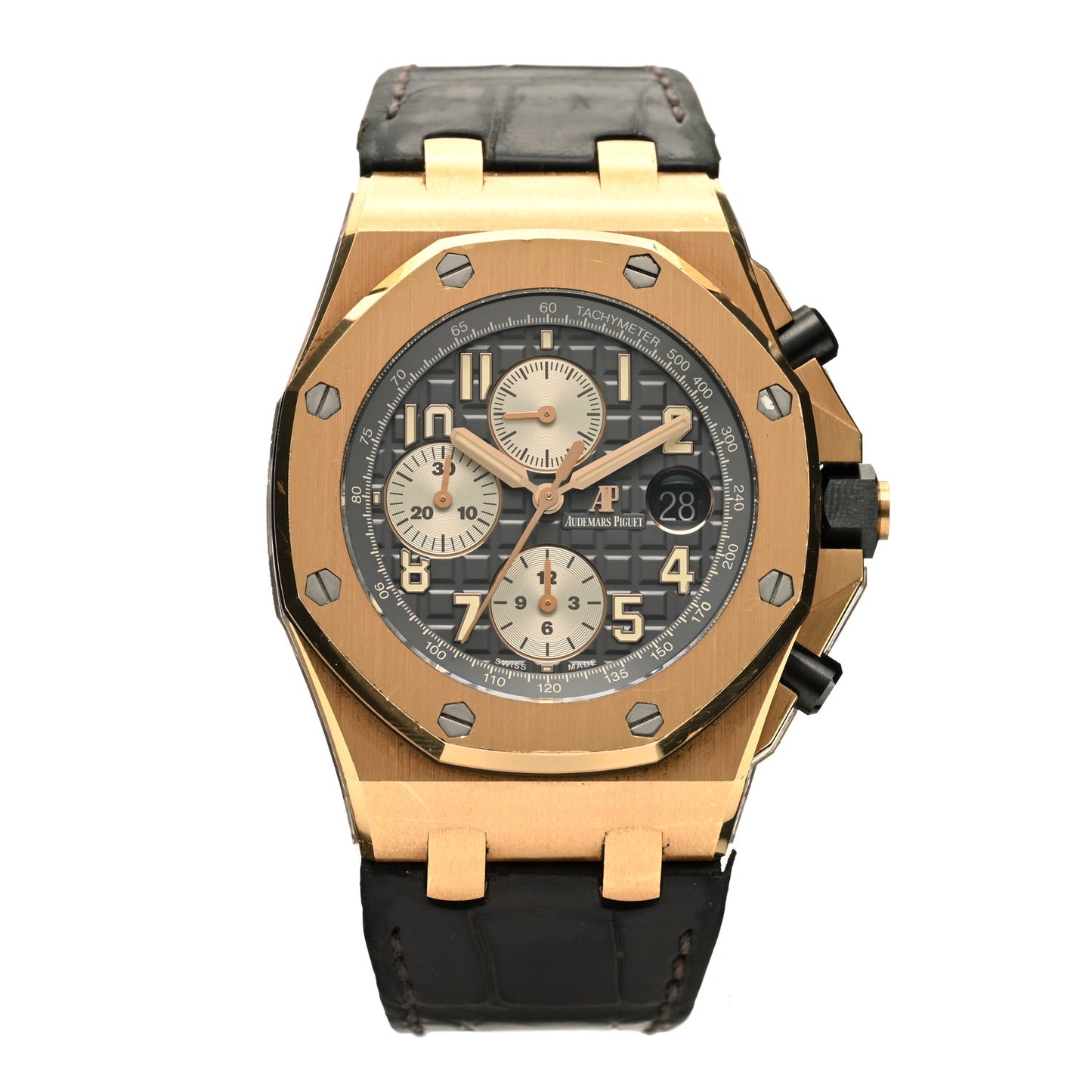 18K Rose Gold Alligator 42mm Royal Oak Offshore Chronograph Automatic Watch Grey 26470OR.OO.A125CR.01