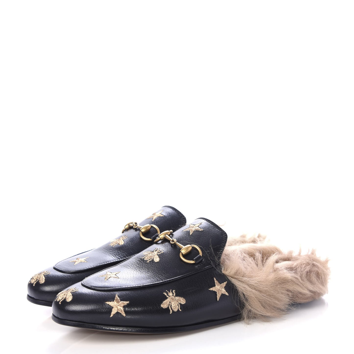 Goatskin Fur Bee Star Embroidered Womens Princetown Slippers 37.5 Black