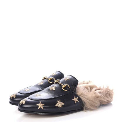 Gucci Goatskin Fur Bee Star Embroidered Womens Princetown Slippers 37.5 Black 3 of 10