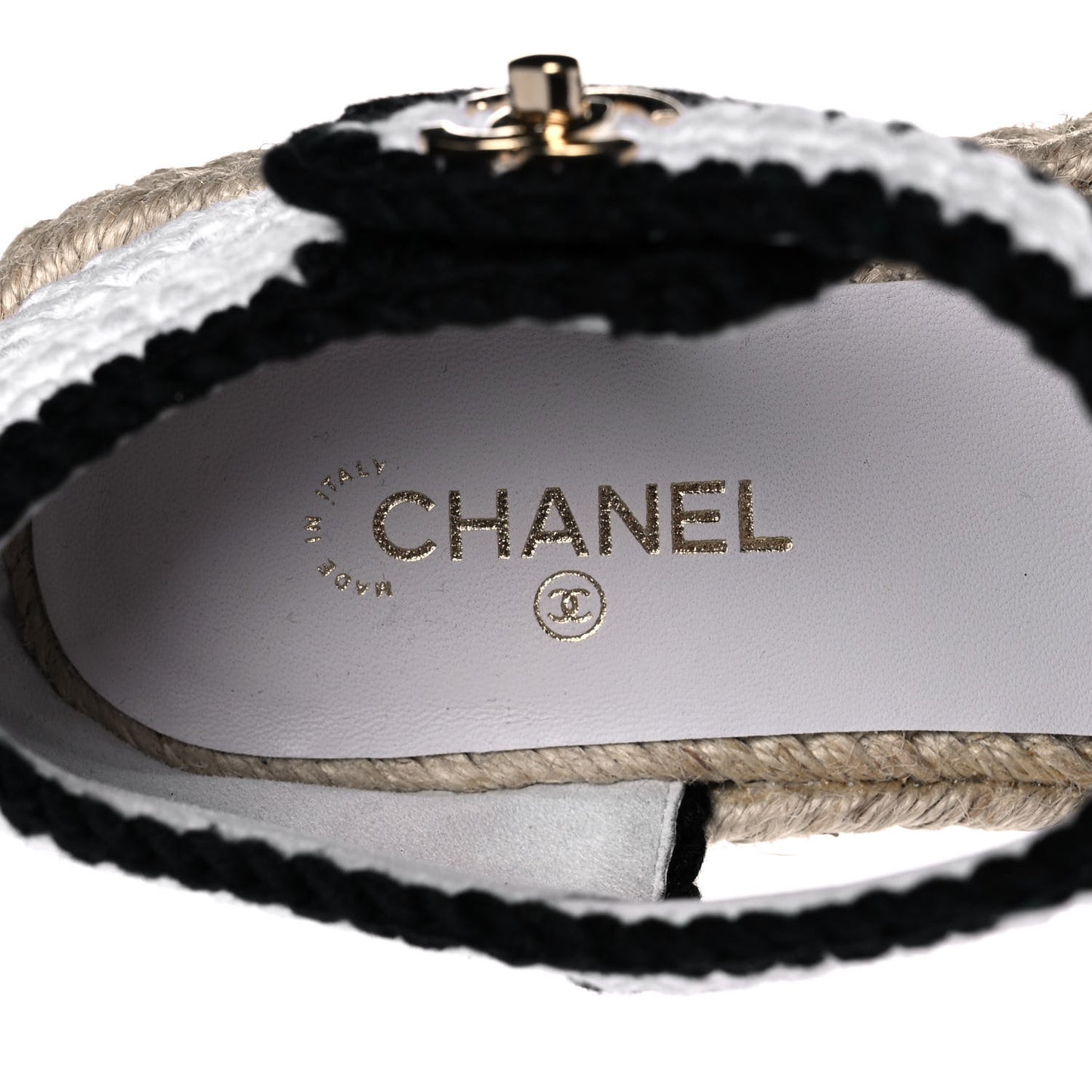 Braided Knit Cap Toe CC Ankle Strap Espadrilles 39 White Black